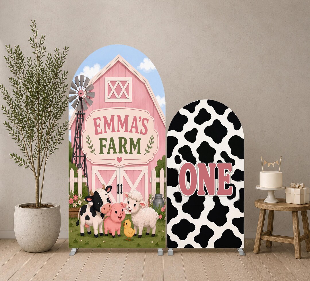 Pay First Signage Pink Farm Birthday Backdrop, Personalized Barnyard Arch Cover Set, Girl ...