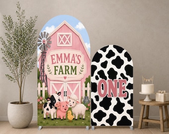 Fondo rosa para cumpleaños con temática de granja, juego de cubierta personalizada para arco de granja, decoración para la primera fiesta de cumpleaños de niña, arco con estampado de vaca con la palabra "ONE", letrero con nombre personalizado.