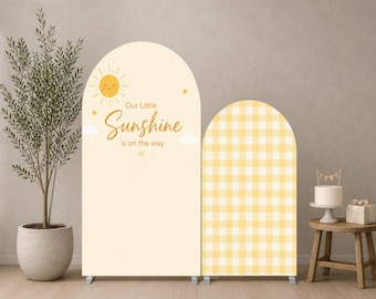 Juego de fondo Little Sunshine Arch, fondo para fiesta de baby shower, arco de cuadros amarillos, fondo neutro para fotomatón estilo boho.