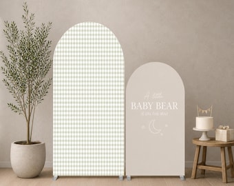 Fondo de arco de cuadros verde salvia, cubierta de arco para baby shower con osito, decoración neutra para fiestas con ositos de peluche, panel de arco minimalista