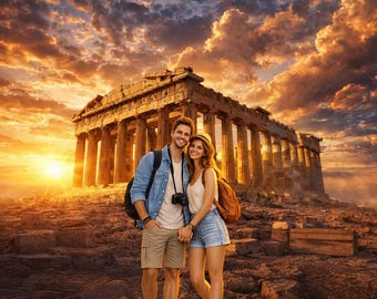 Fondo de puesta de sol sobre el Partenón de la antigua Grecia, accesorio fotográfico para fiesta mitológica