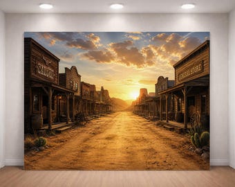 Fondo de pueblo vaquero del Viejo Oeste para fotografía callejera, puesta de sol rústica en el desierto, edificios de madera, accesorio para estudio fotográfico
