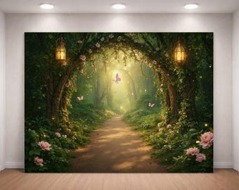 Fondo de bosque encantado, arco de jardín de hadas para fotografía, sendero mágico del bosque, decoración para fotomatón de fiesta de cumpleaños con temática de mariposas