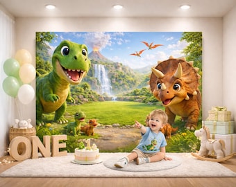 Dinosaurus 1e verjaardag achtergrond voor jongens, prehistorische Dino Party Photo Booth achtergrond, themadecor vulkaan jungle