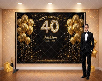 Benutzerdefinierte 40. Geburtstag Hintergrund für Männer, Schwarz und Gold Party Banner, personalisierte Name Hintergrund, Luxus Erwachsenen Geburtstag Photo Booth Decor