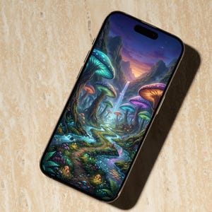 May include: Smartphone displaying a vibrant digital art scene of a fantasy landscape. The artwork features colorful mushrooms, a flowing river, and a waterfall under a twilight sky. The phone is angled on a textured, beige surface.