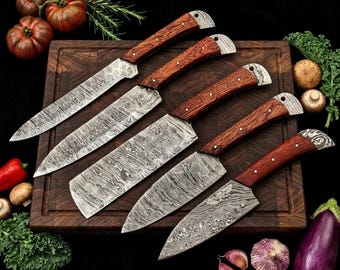 Set of 5 Custom Damascus Steel Chef Knife Set, Handmade Kitchen Knives with Leather Roll Kit, Best Gift for Her, Birthday, Anniversary Gift