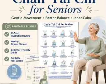 Chair Tai Chi for Seniors Printable Bundle, Seated Exercise Poster PDF, A4 & US Letter, 16 Movement Guide, Fitness Tracker