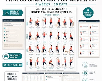 28-Day Low Impact Fitness Challenge for Women 50+ | Printable Workout Guide & Tracker (Digital Download)