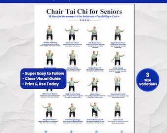 Tai Chi Chair Workout for Seniors, Printable Chair Exercise Chart PDF, Seated Workout Guide, Gentle Senior Workout, Instant Download