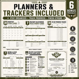 May include: A set of printable fitness planners and trackers featuring a military-themed design in olive green and white. Includes a monthly fitness planner, weekly workout planner, 30-day progress tracker, results sheet, quick start guide, and certificate.