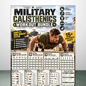 May include: A digital workout bundle titled Military Calisthenics Workout Bundle featuring a person performing a push-up while wearing a tactical vest. The document includes 15+ printable pages with four 30-day challenges, exercise guides, and trackers.