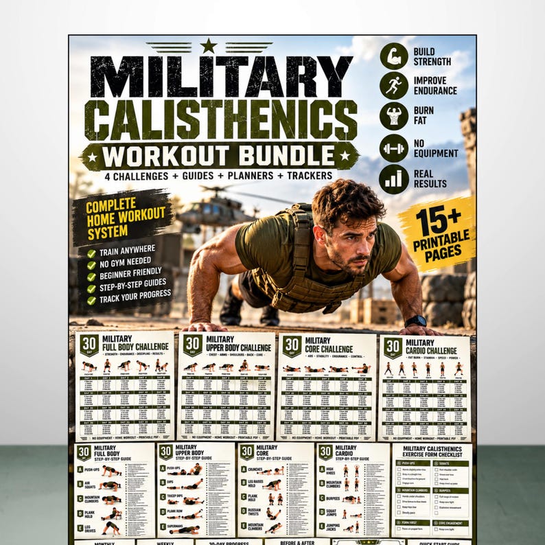 May include: A digital workout bundle titled Military Calisthenics Workout Bundle featuring a person performing a push-up while wearing a tactical vest. The document includes 15+ printable pages with four 30-day challenges, exercise guides, and trackers.