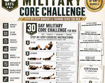 Military Core Challenge Printable Bundle, Military Calisthenics Abs Workout PDF, No Equipment Home Workout Planner Tracker