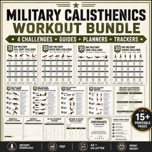 May include: A digital bundle of printable workout materials titled Military Calisthenics Workout Bundle, featuring 4 challenges, guides, planners, and trackers. The set includes 30-day challenge sheets, exercise instruction pages, a form checklist, and a certificate of completion, all presented in a cohesive olive green and black color scheme.