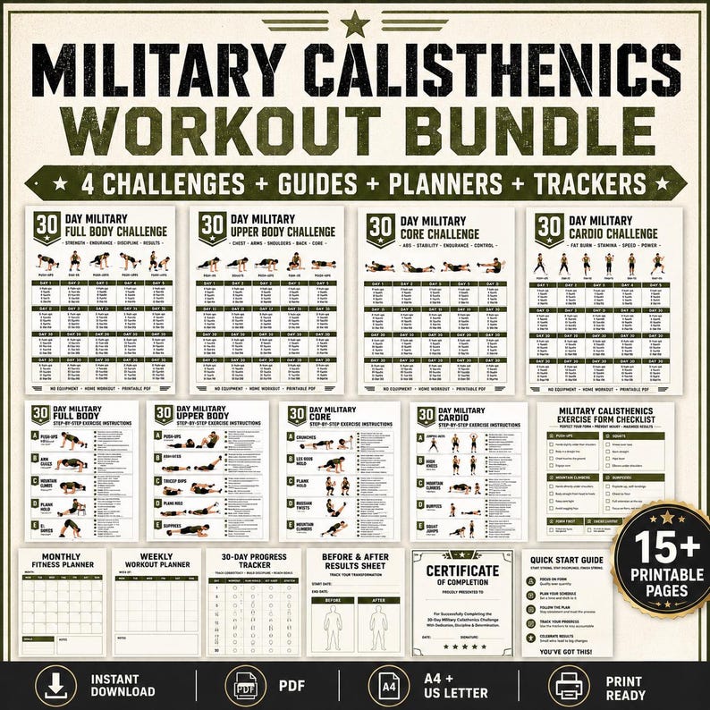 May include: A digital bundle of printable workout materials titled Military Calisthenics Workout Bundle, featuring 4 challenges, guides, planners, and trackers. The set includes 30-day challenge sheets, exercise instruction pages, a form checklist, and a certificate of completion, all presented in a cohesive olive green and black color scheme.