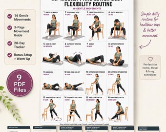 Hip Mobility | Lower Body Flexibility Bundle for Adults 50+ | Printable Stretching Poster & 28-Day Tracker (Digital Download)