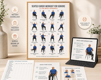Seated Cardio Workout for Seniors | 16 Low-Impact Chair Exercises | Printable Fitness Poster & Tracker (Digital Download)