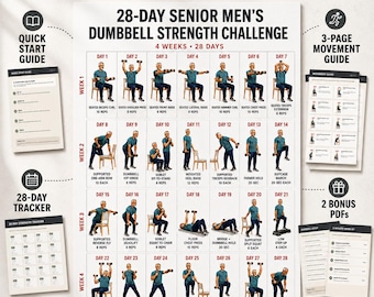 28-Day Dumbbell Strength Challenge for Senior Men | Printable Workout Poster & Fitness Tracker (Digital Download)