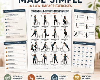 Standing Chair Supported Strength Workout | 16 Low Impact Exercises | Printable Fitness Poster & Tracker (Digital Download)
