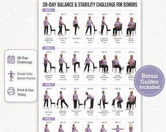 28 Day Balance Challenge for Seniors Printable, Stability Exercise Poster, Movement Guide, Tracker and Bonus PDFs