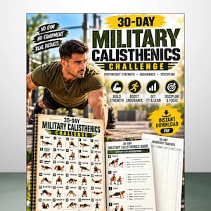 May include: A 30-day military calisthenics challenge digital guide featuring a person performing a push-up. The document includes a workout chart with 30 numbered exercises, step-by-step instructions, and a tracker for daily progress.