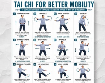 Tai Chi for Better Mobility Printable PDF | 16  Standing Tai Chi Exercises Poster | Balance & Flexibility Workout | Instant Download