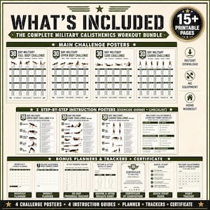 May include: A digital bundle of printable workout materials titled What's Included The Complete Military Calisthenics Workout Bundle. It features four 30-day challenge posters, two instruction posters, an exercise checklist, planners, trackers, and a certificate.