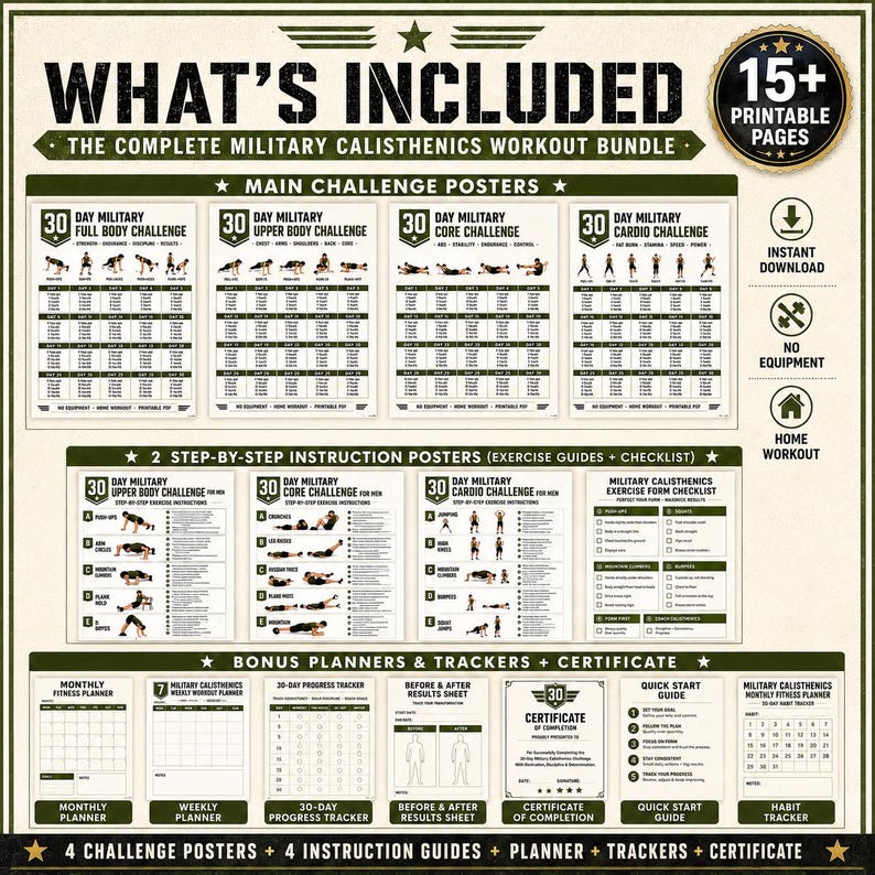 May include: A digital bundle of printable workout materials titled What's Included The Complete Military Calisthenics Workout Bundle. It features four 30-day challenge posters, two instruction posters, an exercise checklist, planners, trackers, and a certificate.