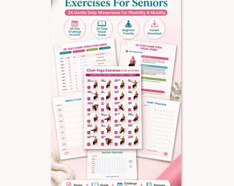 Chair Yoga for Seniors | 30-Day Challenge & Tracker | 24 Seated Movements | Printable Senior Fitness PDF | 11 Pages