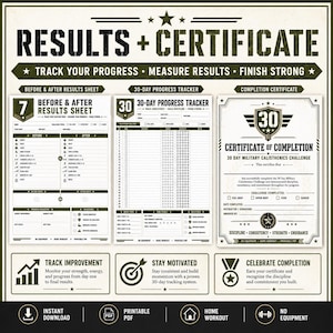 May include: A printable 30-day military calisthenics challenge set featuring a Before & After Results Sheet, a 30-Day Progress Tracker, and a Certificate of Completion. The documents use a dark green and white color scheme with military-themed icons.