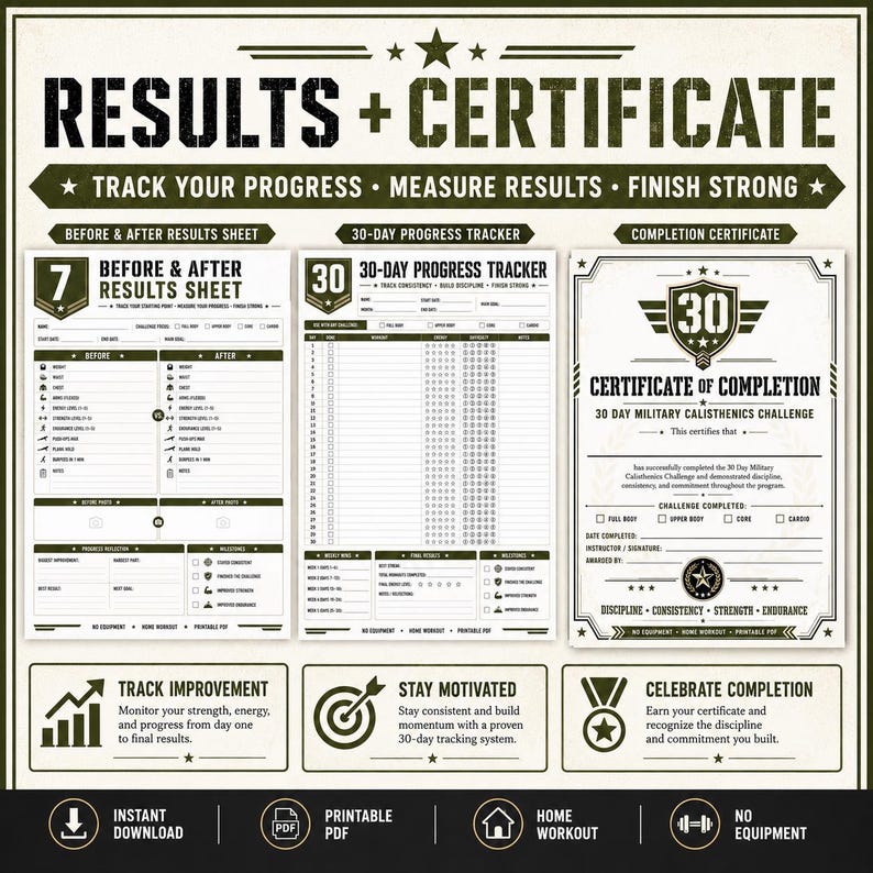 May include: A printable 30-day military calisthenics challenge set featuring a Before & After Results Sheet, a 30-Day Progress Tracker, and a Certificate of Completion. The documents use a dark green and white color scheme with military-themed icons.