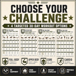 May include: A printable workout chart titled CHOOSE YOUR CHALLENGE featuring four 30-day programs: Full Body, Upper Body, Core, and Cardio. Each section includes exercise illustrations, daily repetition schedules, and icons for no equipment, home workout, and PDF.