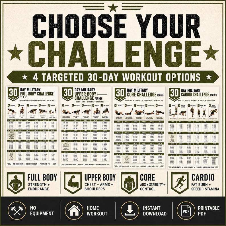 May include: A printable workout chart titled CHOOSE YOUR CHALLENGE featuring four 30-day programs: Full Body, Upper Body, Core, and Cardio. Each section includes exercise illustrations, daily repetition schedules, and icons for no equipment, home workout, and PDF.