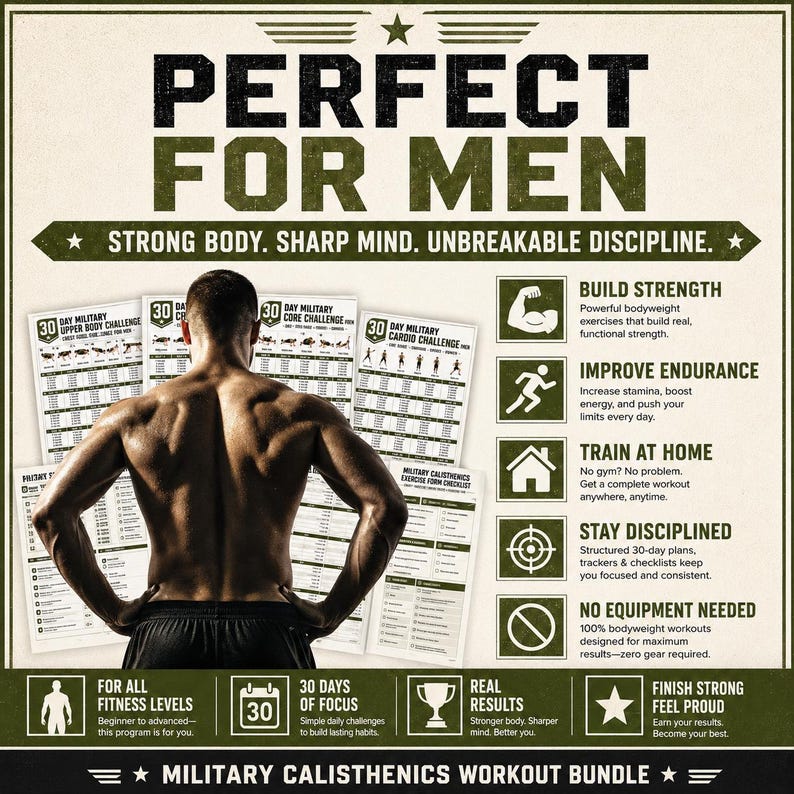 May include: A military calisthenics workout bundle featuring a series of 30-day challenge charts. The graphic includes text such as PERFECT FOR MEN, STRONG BODY, SHARP MIND, UNBREAKABLE DISCIPLINE, and lists benefits like build strength and improve endurance.