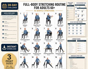 Full Body Stretching Routine for Adults 60+ | 16 Gentle Stretches | Printable Fitness Poster & Tracker (Digital Download)