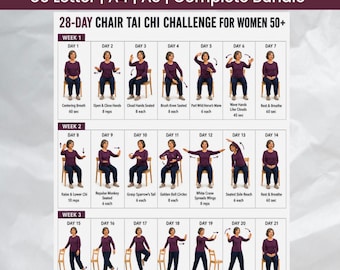 28 Day Chair Tai Chi Challenge for Women 50+, Seated Tai Chi Printable, Senior Chair Exercise Guide, Gentle 4 Week Workout PDF