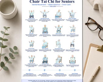 Chair Tai Chi for Seniors, Seated Exercise Poster, 16 Movement Guide (Digital Download)