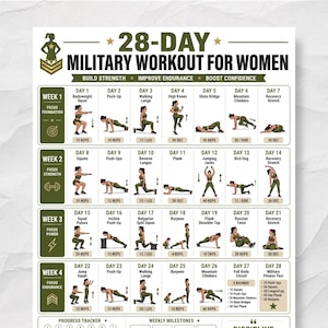 May include: A 28-day military workout chart featuring a grid of daily exercise illustrations with text labels for movements like squats, push-ups, and lunges. The layout includes four weekly sections, a progress tracker, and a final fitness test.