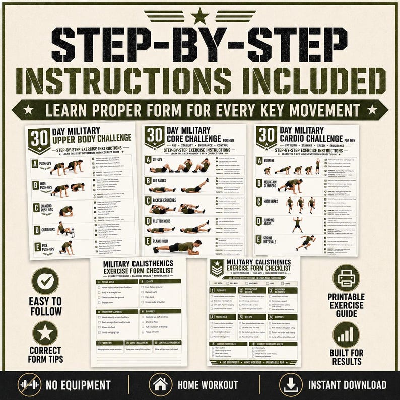 May include: A set of printable exercise guides featuring a 30-day military upper body, core, and cardio challenge. The documents include step-by-step instructions, exercise form checklists, and illustrations of movements in a military-themed design.