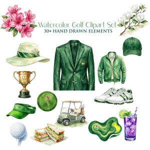 Masters Golf Tournament Clipart Set | Watercolor Golf PNG Bundle | Augusta Style Golf Illustrations (Digital Download)