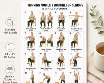 Morning Mobility Routine for Seniors | 16 Gentle Stretching Exercises | Printable Fitness Poster & Tracker (Digital Download)