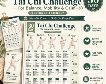 30 Day Tai Chi Challenge Printable  Beginner Balance Mobility & Calm Routine  Daily Exercise Chart PDF  3 Sizes Instant Download
