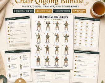 Chair Qigong for Seniors Printable, 16 Gentle Seated Movements, Beginner Exercise Poster, Movement Guide and Tracker Bundle