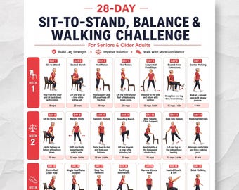 28 Day Balance & Walking Challenge for Seniors, Sit to Stand Exercise Printable