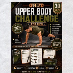 May include: A 30-day upper body challenge workout program featuring a digital poster with text, a spiral-bound guide, a workout tracker with a pen, an exercise instruction sheet, and a certificate of completion, all in a dark green and gold theme.