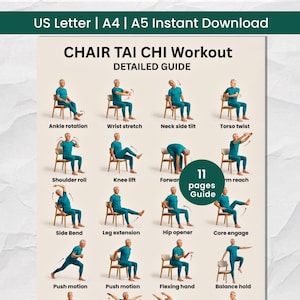 Puede incluir: Guía detallada para el entrenamiento de Tai Chi en silla. La guía incluye ilustraciones de ejercicios como rotación de tobillo, estiramiento de muñeca, inclinación lateral del cuello y torsión del torso. Descarga instantánea disponible.