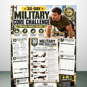 May include: A 30-day military core challenge printable bundle featuring a central exercise poster with step-by-step instructions, a weekly workout planner, a monthly fitness planner, an exercise checklist, and a progress tracker for fitness.