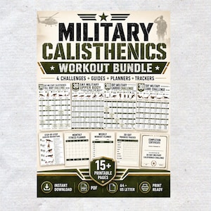 Könnte beinhalten: Ein Military Calisthenics Trainingspaket mit über 15 druckbaren Seiten, darunter 30-Tage-Challenges für Ganzkörper, Oberkörper, Cardio und Rumpf, sowie Fitnessplaner, Fortschrittstracker und ein Abschlusszertifikat im PDF-Format.