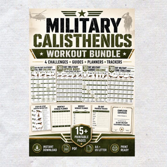 28  Day Military Calisthenics Challenge complete Bundle | 15+ Printable Pages 4 Workout Posters Trackers  No Equipment Home Workout PDF Men
